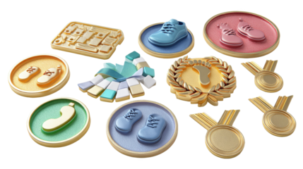 Colorful 3d icons set on a transparent background, showcasing fitness achievements, progress tracking, and virtual trophies, perfect for fitness apps, websites, or presentations