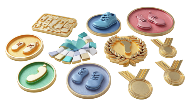 Colorful 3d icons set on a transparent background, showcasing fitness achievements, progress tracking, and virtual trophies, perfect for fitness apps, websites, or presentations