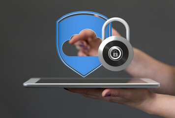 Safeguard your cloud data.  Image shows a tablet, cloud icon, and lock, symbolizing secure online...