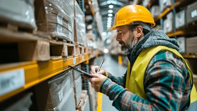 worker in warehouse. Warehouse inspector checking delivery, stock in warehouse. Warehouse manager checking inventory.