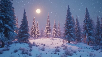 Winter wonderland snowy forest scene under a full moon serene environment night view nature's beauty