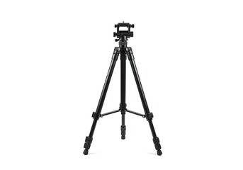 Black camera tripod on a white background