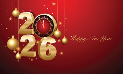 Happy new year 2026. 3d gold numbers with golden Christmas decoration and confetti on dark  background. Holiday greeting card design.