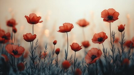 Obraz premium Vibrant Red Poppies Blooming in Soft Light at Sunset