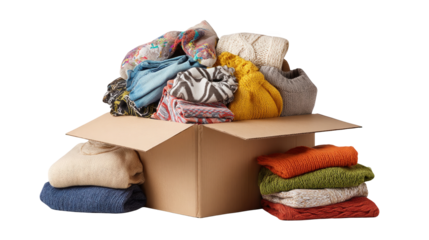 Cardboard box overflowing with warm clothing items like sweaters and scarves, representing donation, storage, or moving concepts, isolated on a transparent background