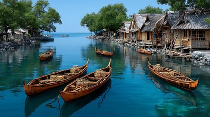 Obraz premium Tranquil river with bamboo boats and clear blue water high resolution photo