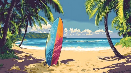 Colorful tropical beach scene with a surfboard.