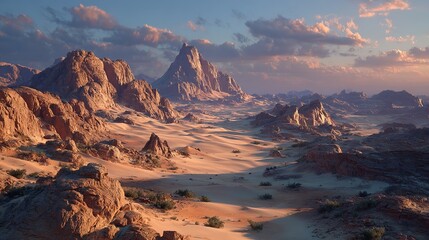 Obraz premium Majestic Desert Landscape Sunset Arid Mountains Sandy Dunes Rugged Terrain Scenic View Wilderness