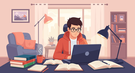 Vector illustration of a student learning online at home, sitting at a desk with a computer, books and coffee