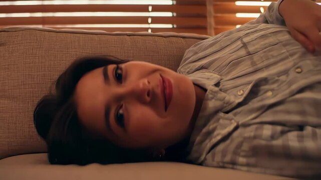 Young Woman Relaxing Comfortably on Couch, Embracing Body Positivity in Natural Window Light