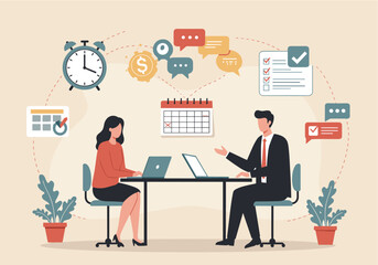 Two people working at laptops across a table, surrounded by icons representing time, money, communication, tasks, and scheduling.