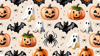 AI-Generated Watercolor: Playful Halloween Pattern with Jack-o'-Lanterns, Ghosts, Bats, and Spiders - Ideal Background