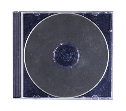 CD disk video case on black background. Isolated music transparent mockup. Clean cover box template.