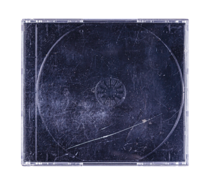 CD disk video case on black background. Isolated music transparent mockup. Clean cover box template.
