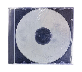 CD disk video case on black background. Isolated music transparent mockup. Clean cover box template.