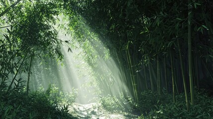 Obraz premium Sunlight filtering through a serene bamboo forest nature landscape tranquil environment eco-friendly concept