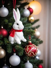 christmas tree with bunny toy  and decorations