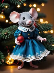 Cartoon Christmas mouse near christmas tree
