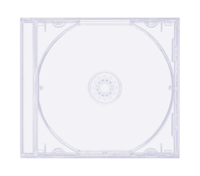 CD disk video case on black background. Isolated music transparent mockup. Clean cover box template.