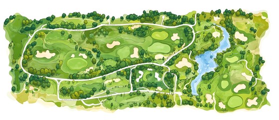 clipart style animated map of golf course layout with legend tees bunkers and water clean vector style white background