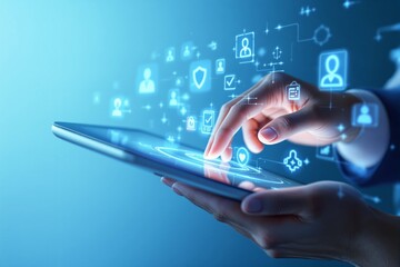 Business professional using digital tablet with futuristic interface icons on blue background.