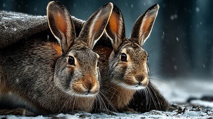 Winter Rabbits Snow Forest Wildlife Animals.