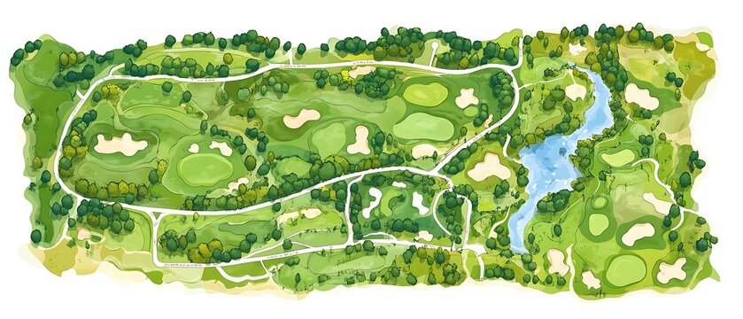clipart style animated map of golf course layout with legend tees bunkers and water clean vector style white background