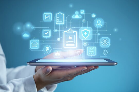 Digital healthcare technology concept with glowing medical icons on a tablet.