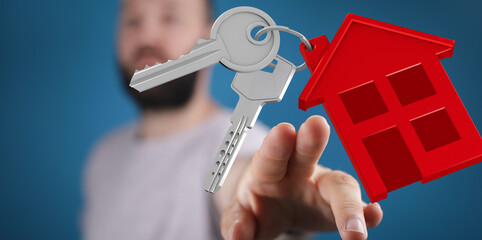 Image of a hand offering house keys. Ideal for real estate, home buying, and property concepts.
