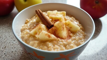 Delicious cinnamon apple porridge recipe cozy kitchen food photography warm atmosphere close-up comfort food