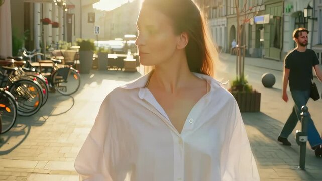 Young Woman in White Shirt and Jeans Walks Confidently Down City Street on Sunny Summer Day, Embracing No-Bra Movement
