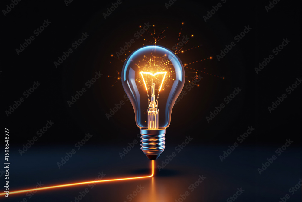 Poster glowing light bulb with digital connections on dark background.