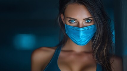 Woman Blue Mask Portrait with Dark Background.