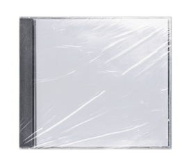 CD disk video case on black background. Isolated music transparent mockup. Clean cover box template.