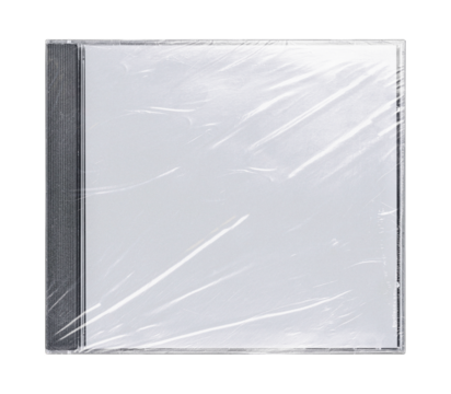 CD disk video case on black background. Isolated music transparent mockup. Clean cover box template.