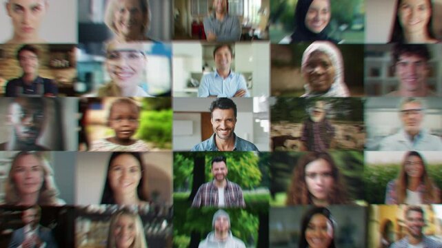 Portrait Collage with Visual Effect Zoom Out. Authentic People of Diverse Background, Gender, Ethnicity, Occupation. Men and Women Looking at Camera. Video Starts with Handsome Hispanic Male Lead