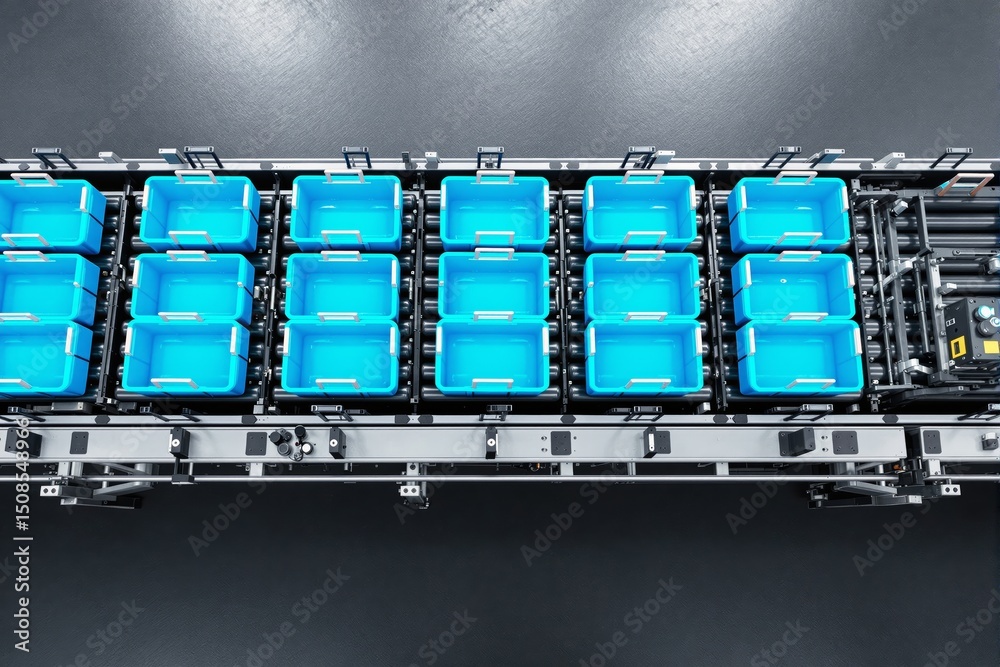 Aufkleber automated conveyor system with blue storage bins in an industrial setting.
