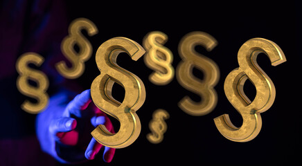 3D render of golden paragraph symbols, legal concept, law, justice.