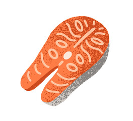 Salmon steak slice, red fish flesh. Fresh fillet, omega protein nutrition, sea food. Healthy seafood, cut piece. Wholesome vitamin eating. Flat vector illustration isolated on white background.