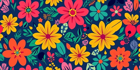 Vibrant, seamless abstract floral pattern with colorful shapes and nature-inspired elements, ideal for wallpaper,  digital,  blossom