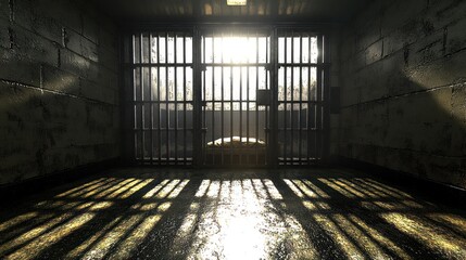 Sunlit prison cell with metal gate and shadows on floor.