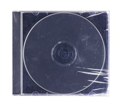 CD disk video case on black background. Isolated music transparent mockup. Clean cover box template.