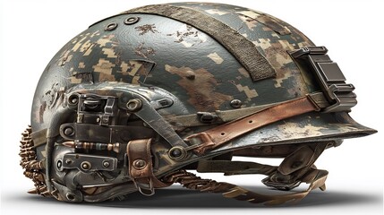 Worn Military Helmet with Camo, Combat Gear, and 3D Render.