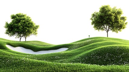 clipart style isolated golf course tee-off zone with marker, grass patch and ball cleanly rendered on white background