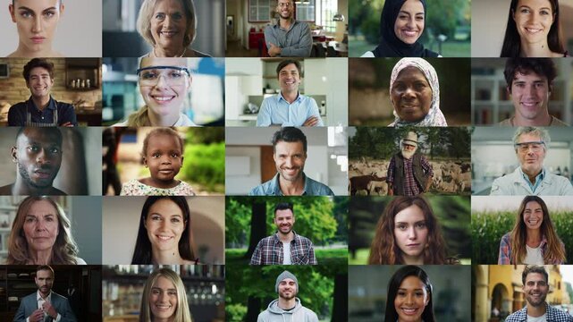 Hispanic Male Portrait Zoom Outs to a Collage Collection of Happy Diverse Men and Women Smiling and Looking at Camera. Multiethnic Diverse People From Different Backgrounds, Culture, Gender