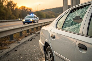 Fototapeta premium A white car shows a broken window after a road accident with a police car nearby.