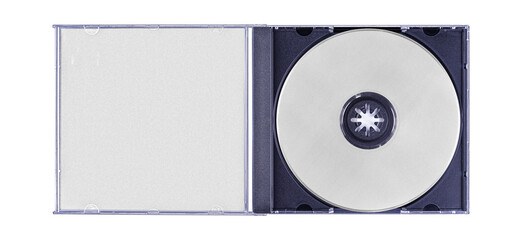 CD disk video case on black background. Isolated music transparent mockup. Clean cover box template.