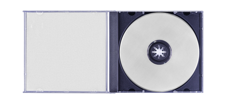 CD disk video case on black background. Isolated music transparent mockup. Clean cover box template.