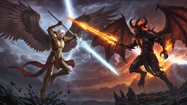 Epic digital fantasy illustration of angel and demon clashing in dramatic battle scene with fire and lightning