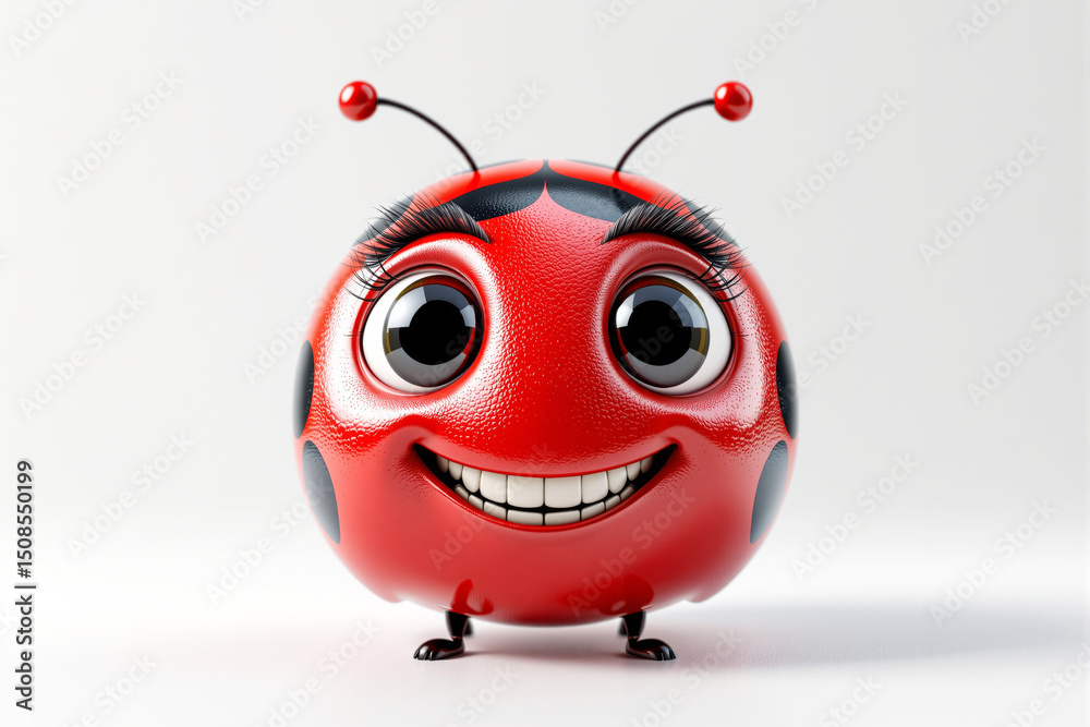 Poster cute smiling ladybug character with big eyes and expressive face.